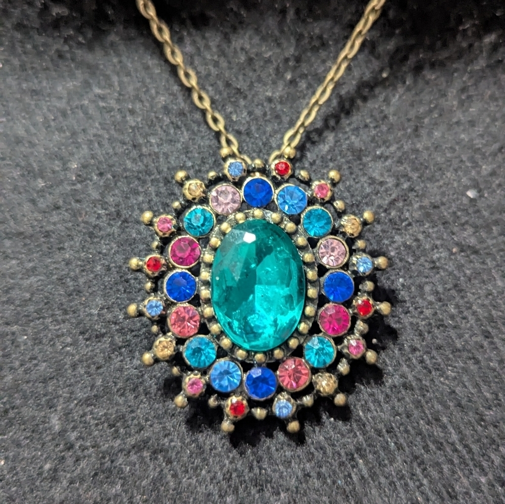 Brass Tone Blue And Pink Rhinestone Multicolor Pendant Statement Necklace